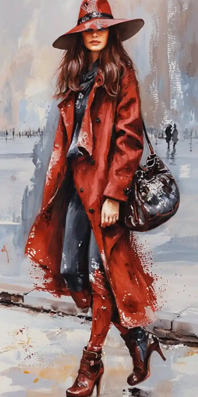 Elegant woman in red coat walking through misty city street