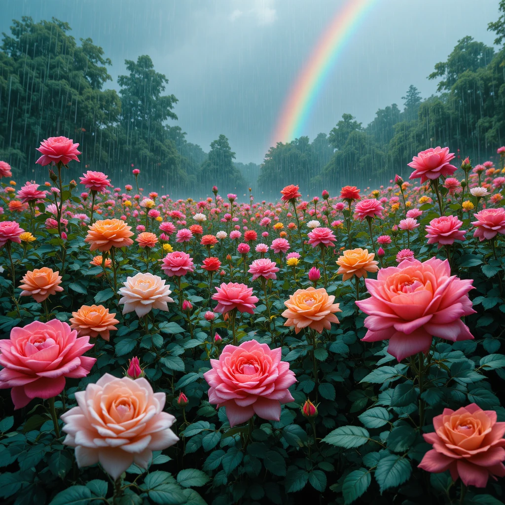 Colorful Rose Garden Under Rain With Distant Rainbow