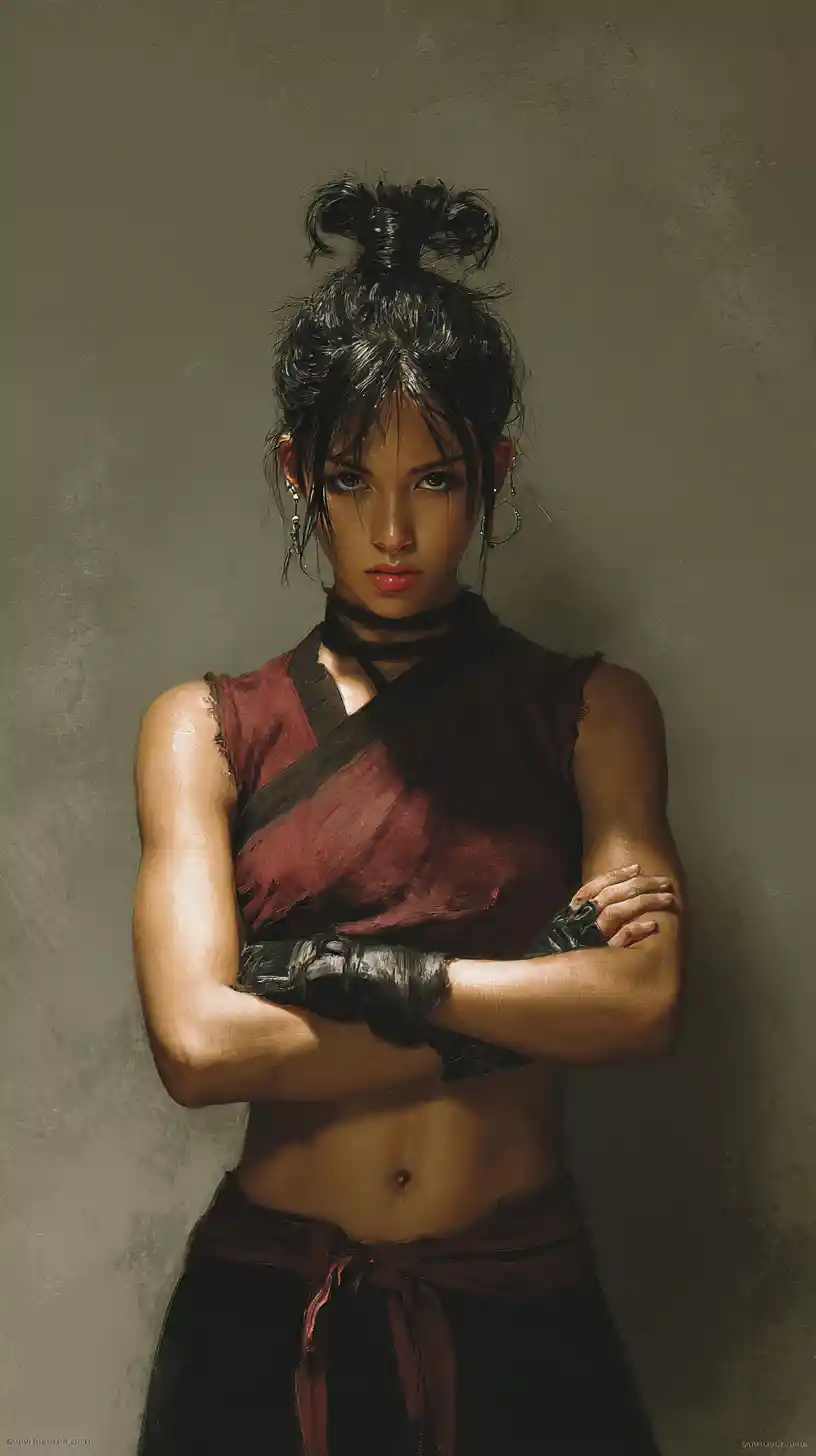 Muscular Asian warrior woman in red crop kimono top