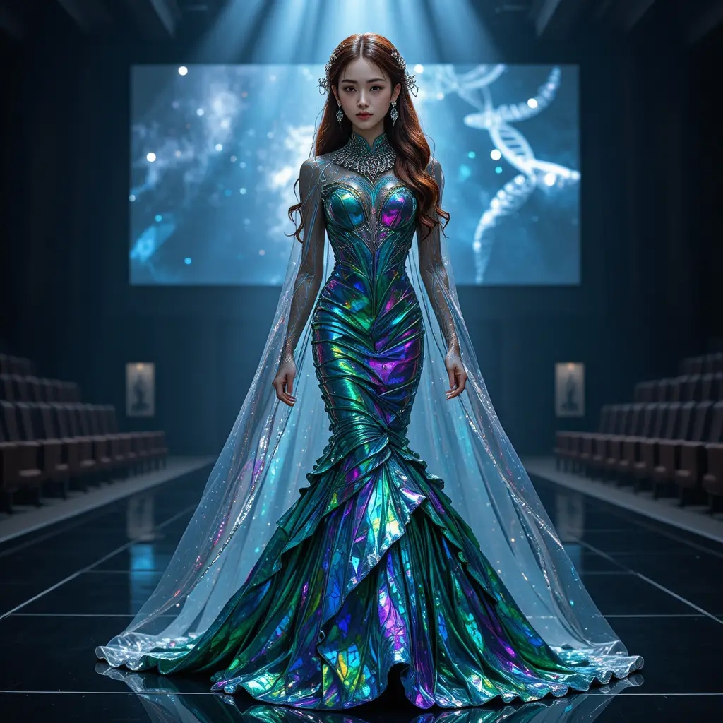Reina de belleza coreana con vestido de alta costura iridiscente inspirado en insectos
