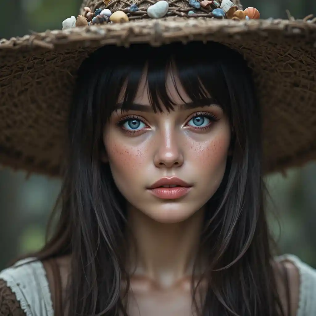Mystical girl portrait in a rustic wide brimmed hat