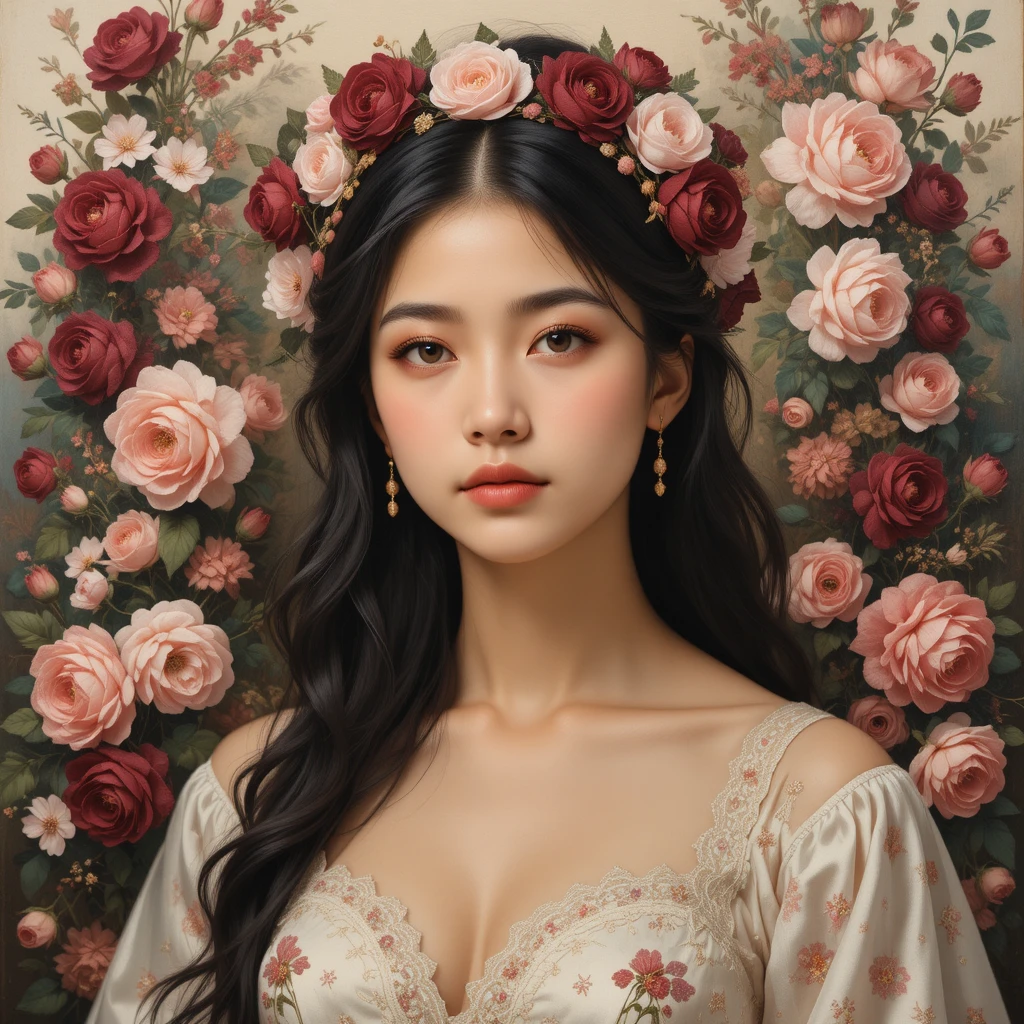 Romantic oil portrait of a young woman amid roses