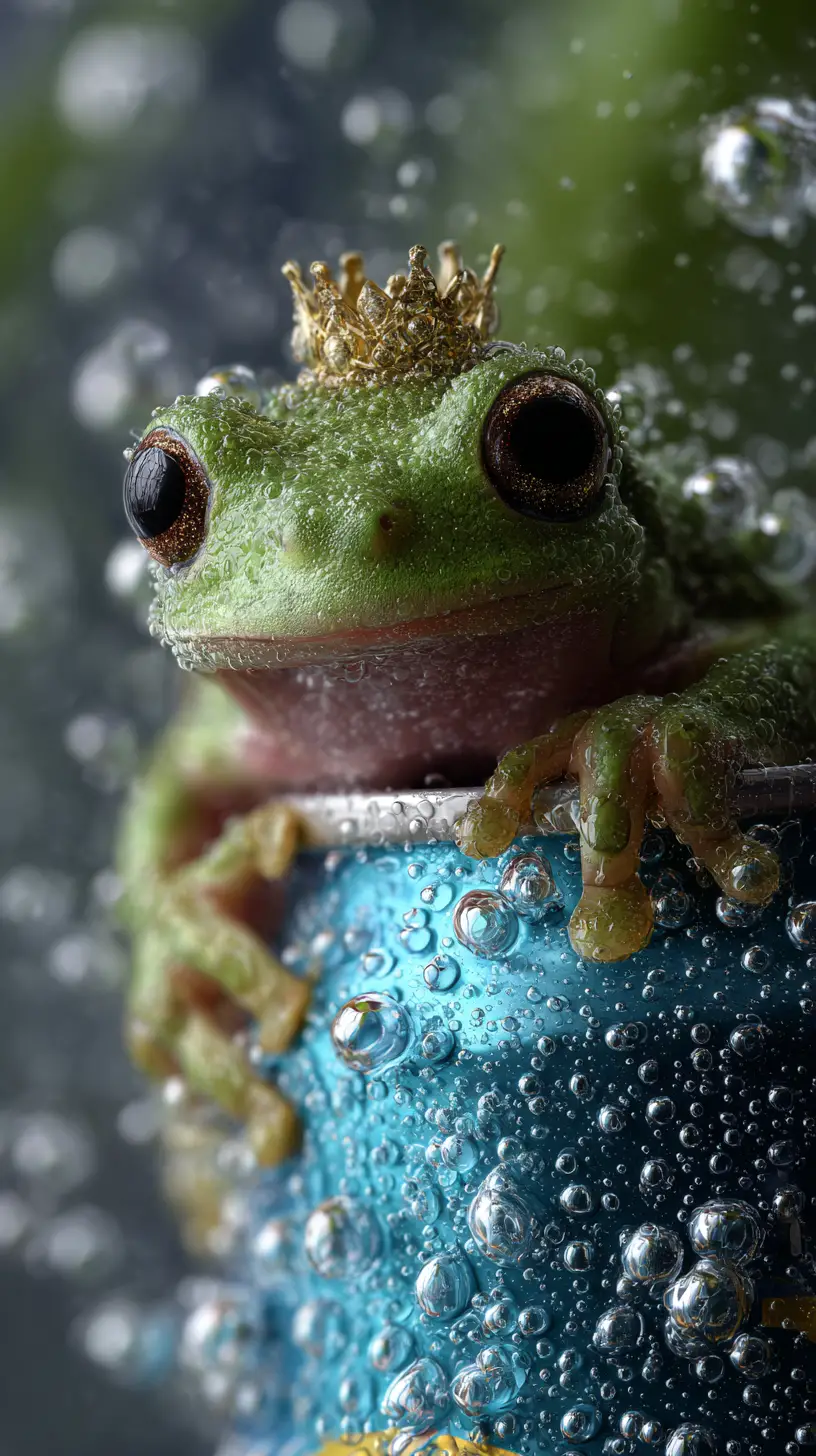 Smiling tree frog hugging a fizzy soda can with crown bubbles