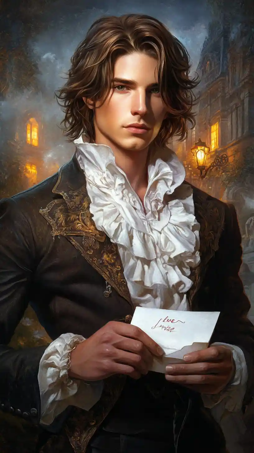 Victorian man holding a love letter before a grand manor
