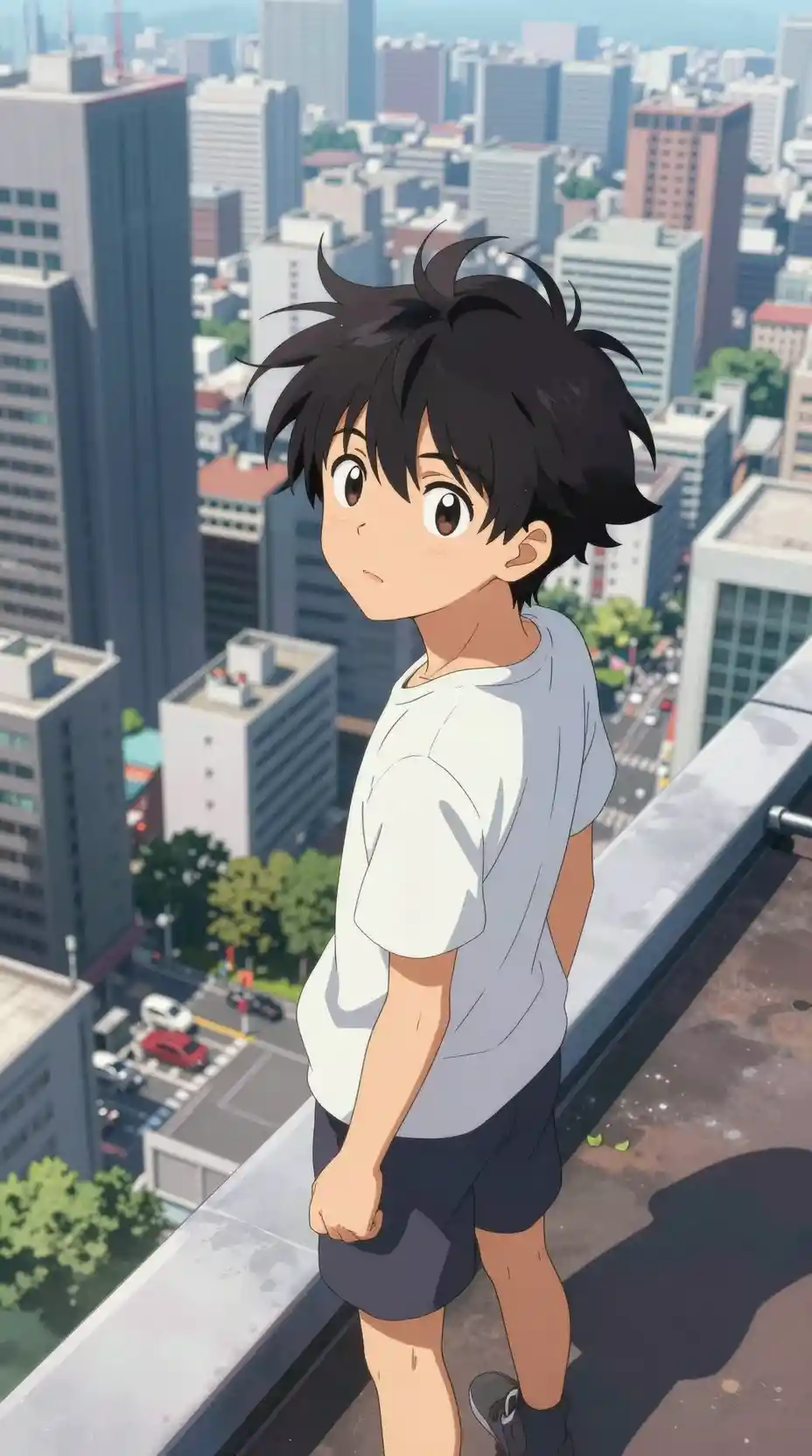 Anime-Junge auf einem Dach mit Blick auf bunte Stadtskyline
