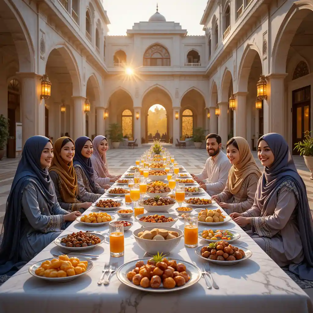 Ramadan iftar family gathering in a luxurious villa courtyard