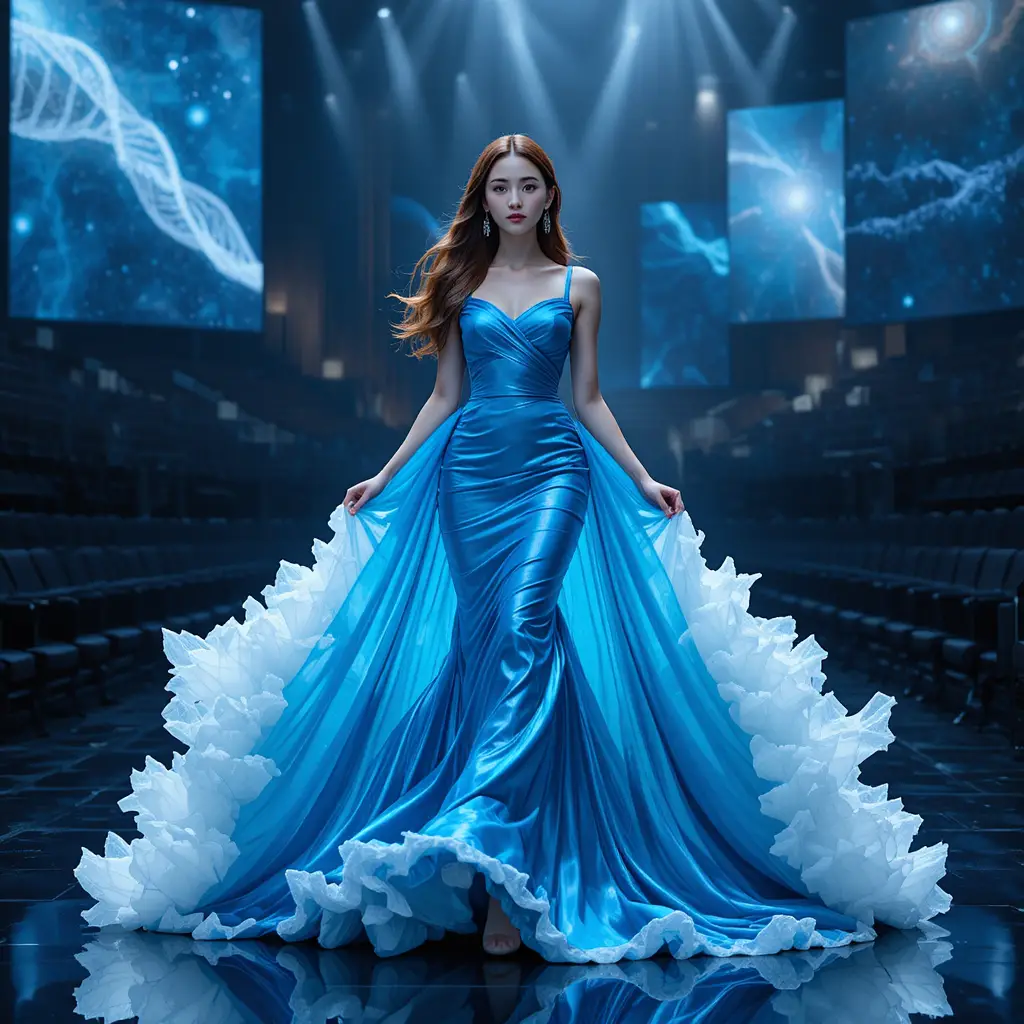 Reina de belleza coreana con vestido fluido de satén azul metal líquido