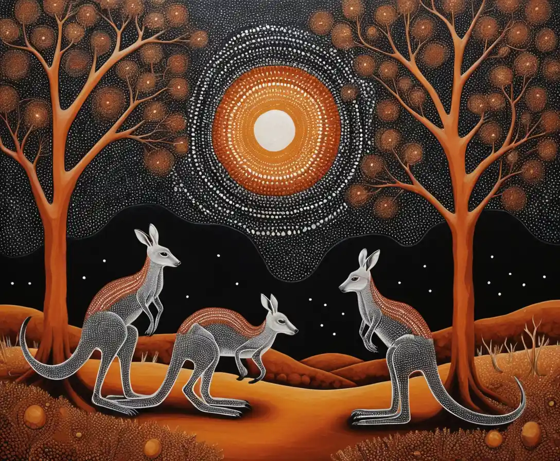 Kangaroos Under A Starry Sky In Aboriginal Dot Painting