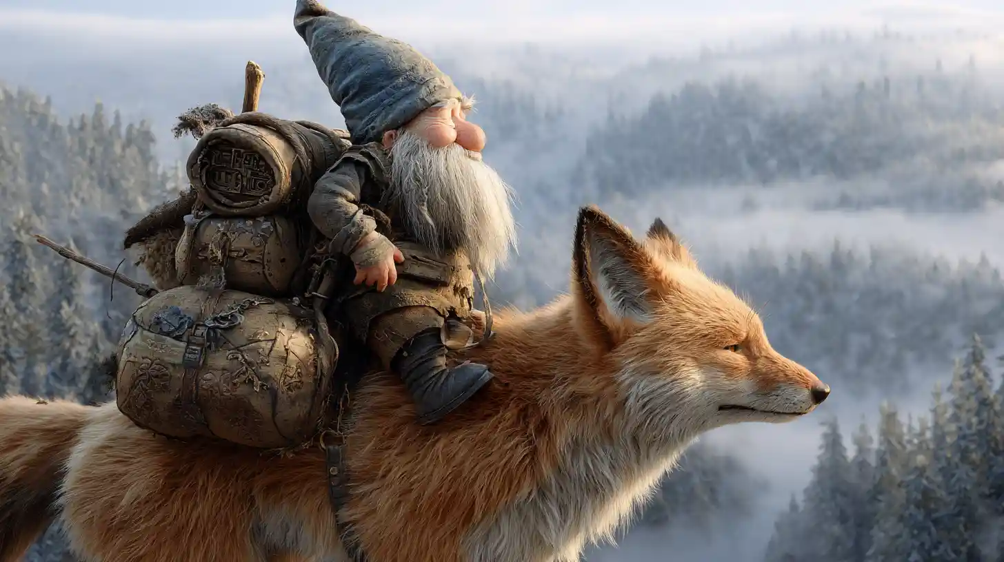 Whimsical gnome riding a fluffy fox through misty forest