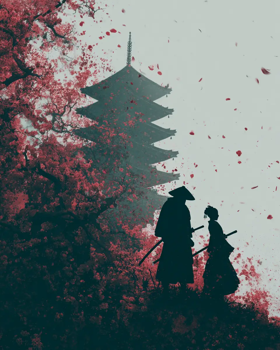 Silhouette Of Geisha And Samurai With Cherry Blossoms