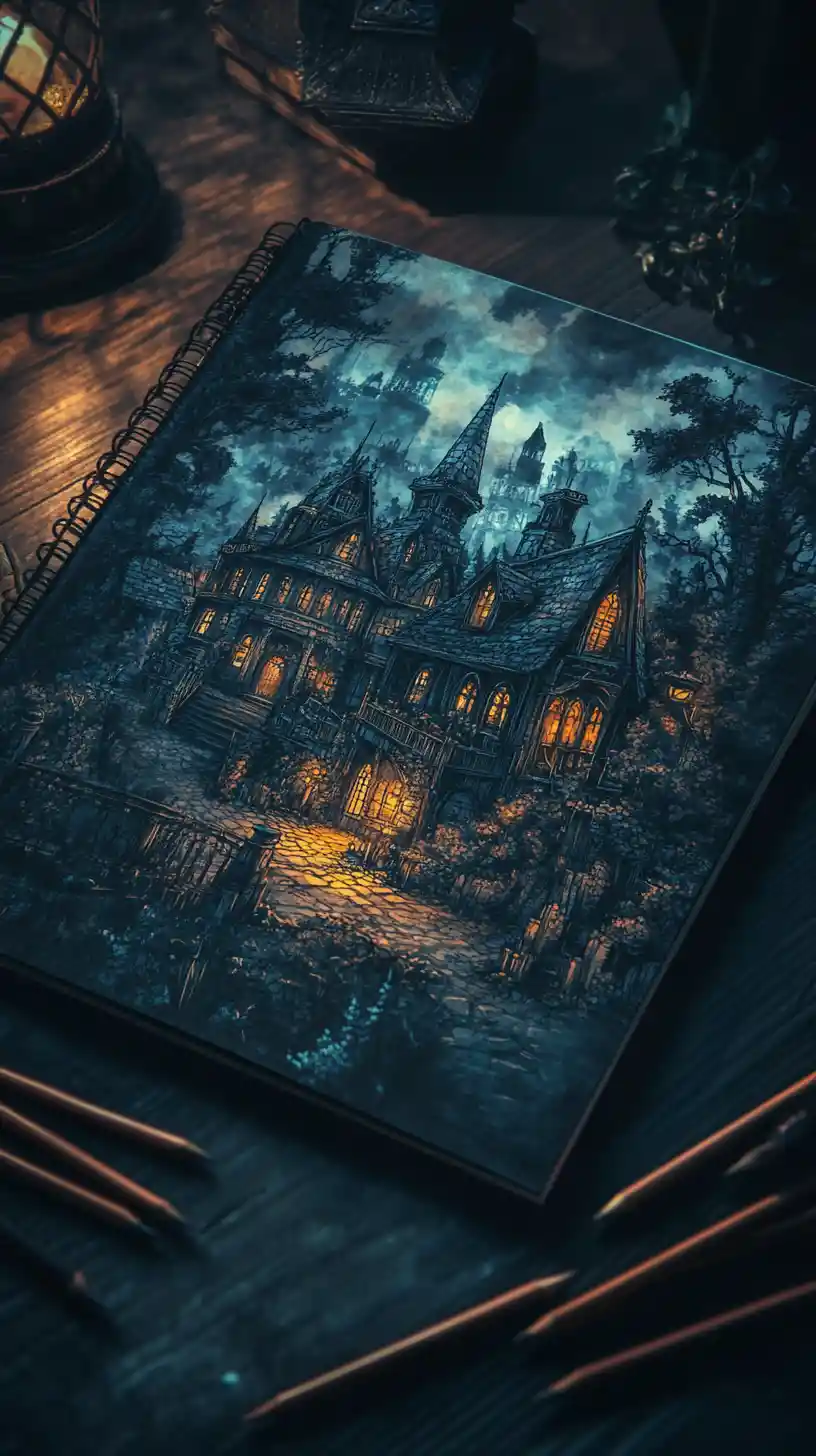 Horror Coloring Book On Dark Wooden Table With Pencils