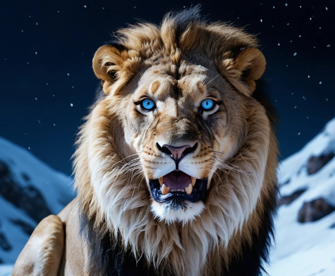 León azul rugiendo en una montaña nevada de noche