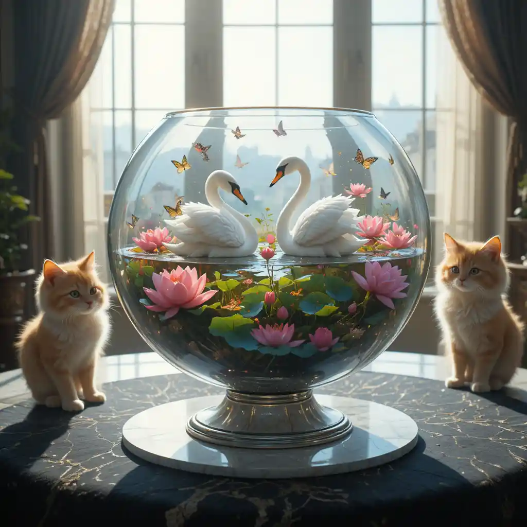 Gatto curioso che osserva cigni di loto in una coppa di cristallo