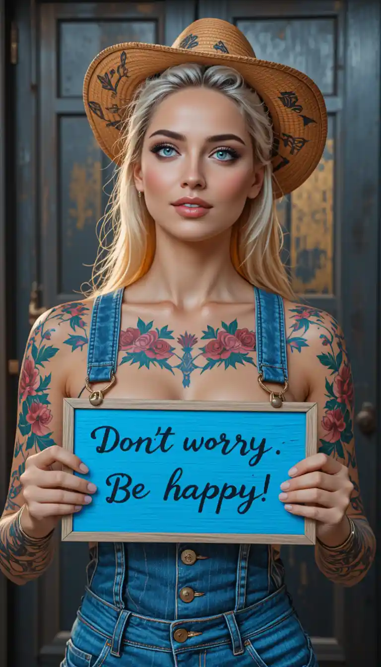 Tattooed blonde girl smiling with rustic wooden backdrop
