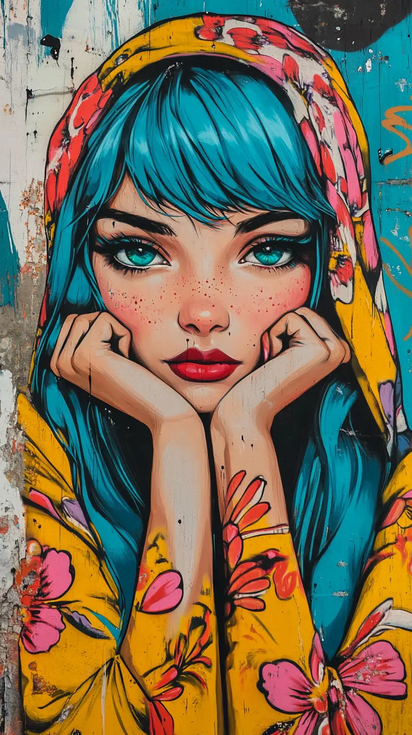 Graffiti portrait of blue haired woman with floral headscarf