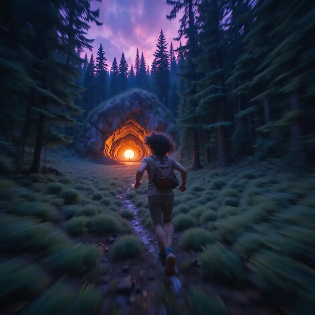 Boy sprinting toward glowing cave in dense pine forest