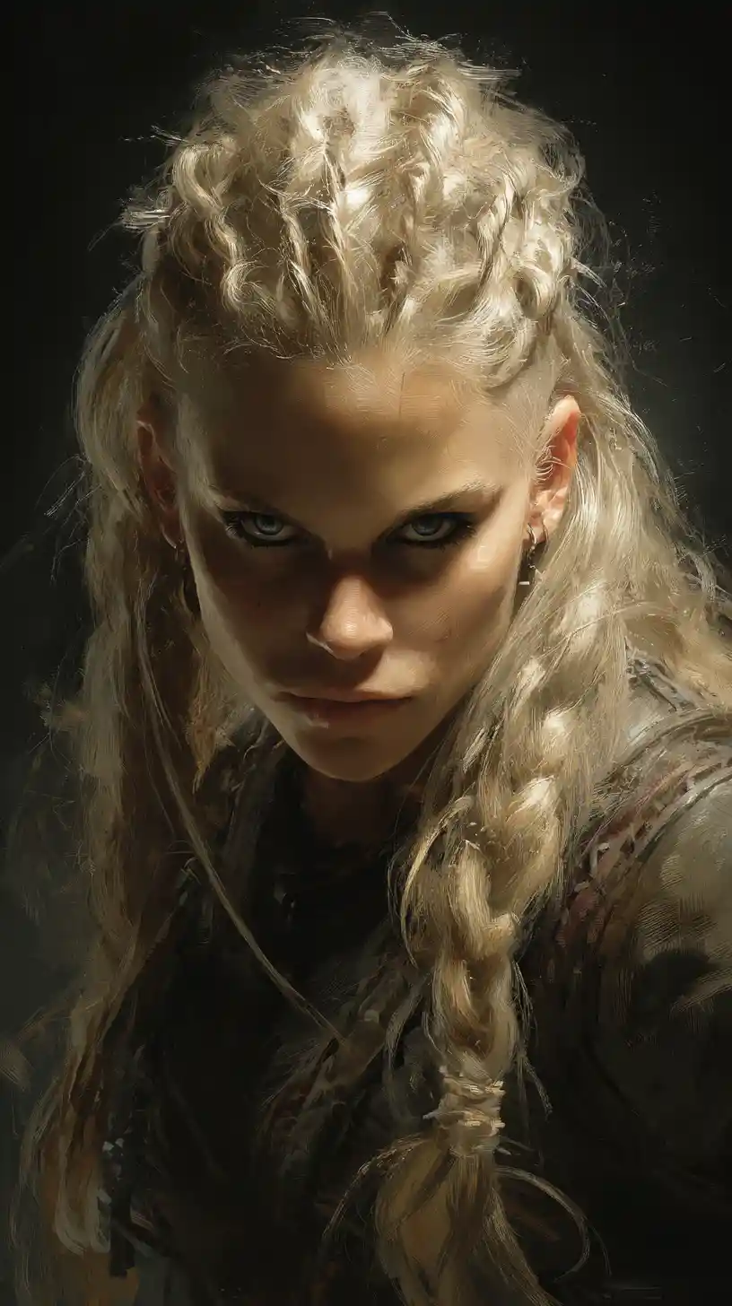 Fierce nordic warrior woman with axe and shield