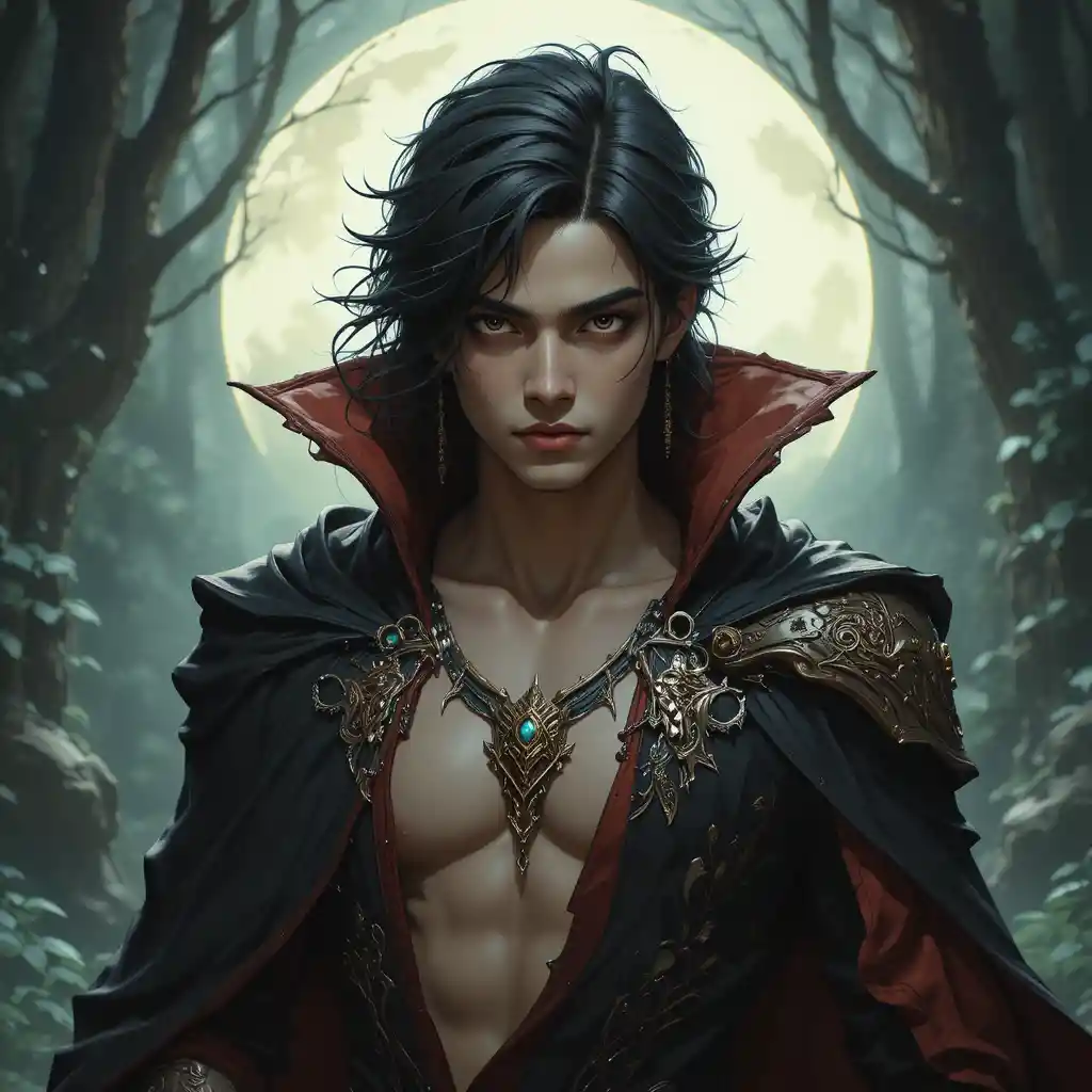 Young vampire man in a stylized fantasy Wakfu universe
