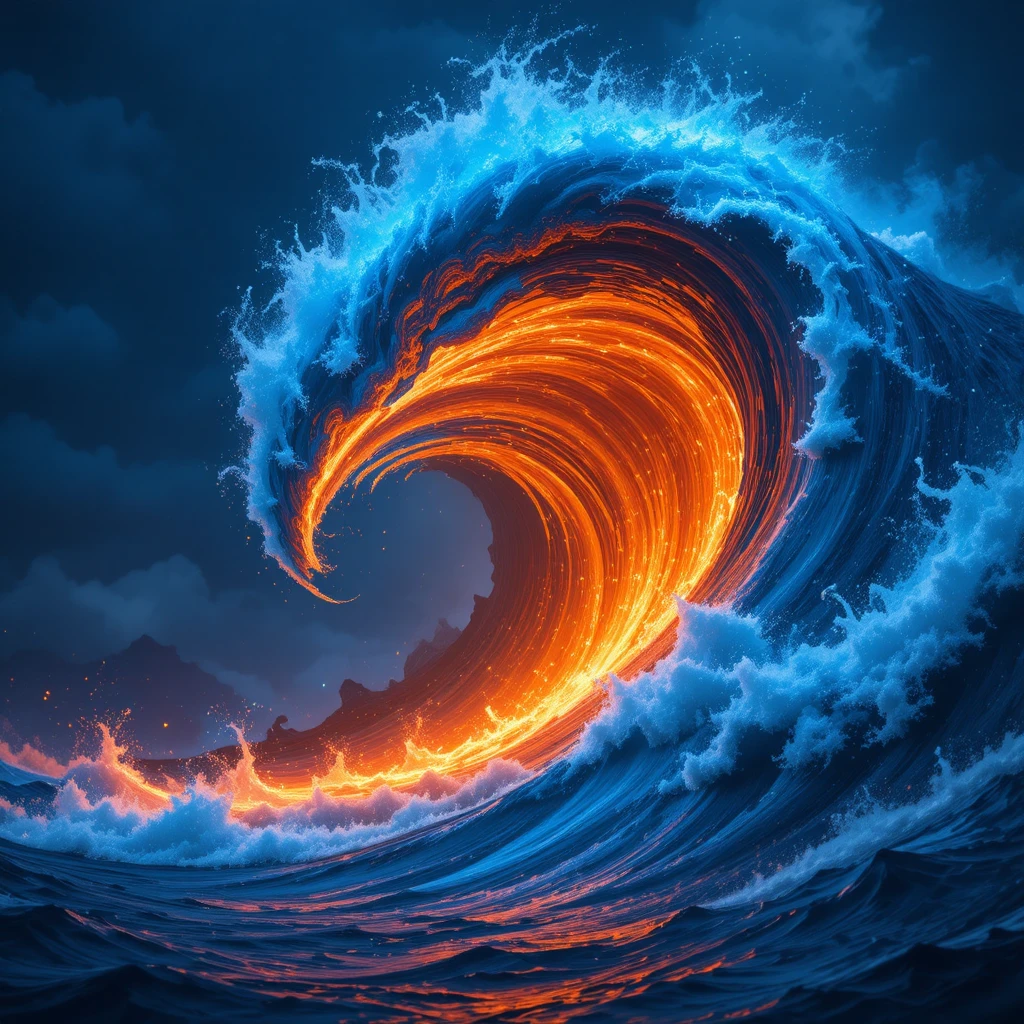 Fiery ocean wave crashing beneath a dark stormy sky