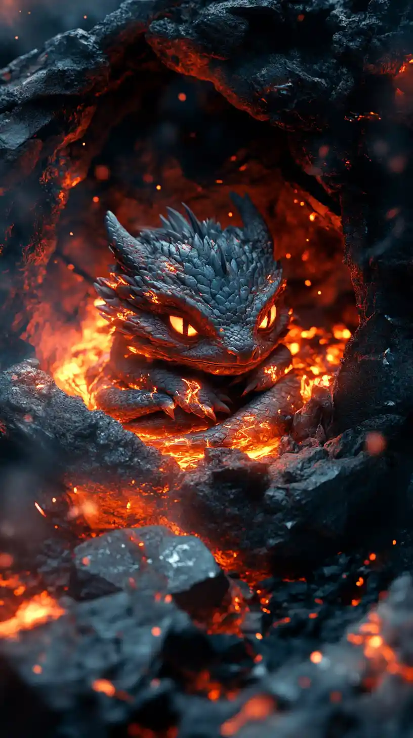 Bébé dragon de lave recroquevillé dans un nid volcanique lumineux
