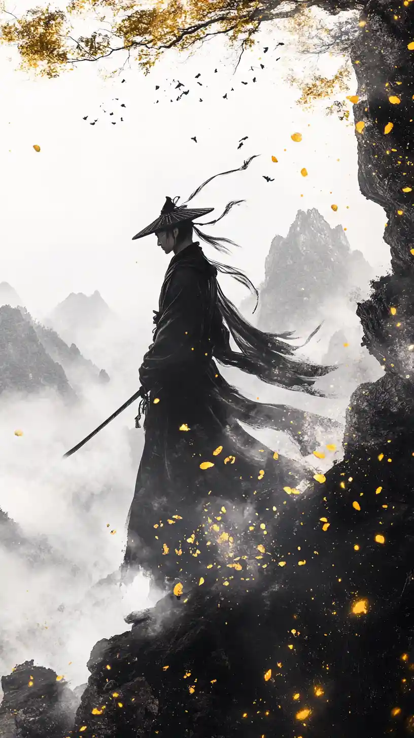 Lone swordsman in misty mountains with falling blossoms