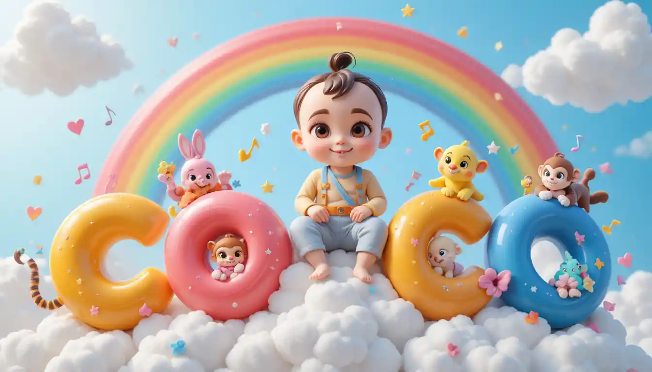 Niedliches 3D-Kinderlogo mit Coco-Figur auf einer Regenbogenwolke
