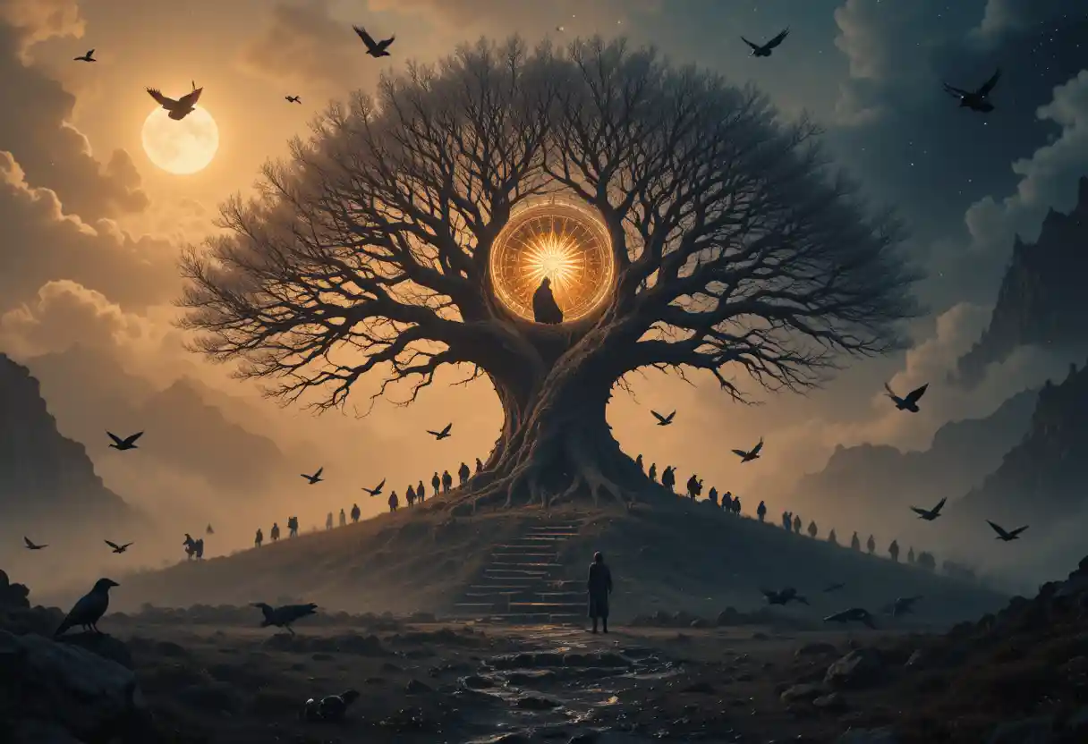 Ravens Encircling A Mystical World Tree In Moonlit Mist
