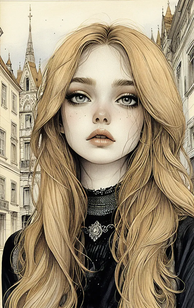 Dreamy freckled blonde girl portrait with urban backdrop