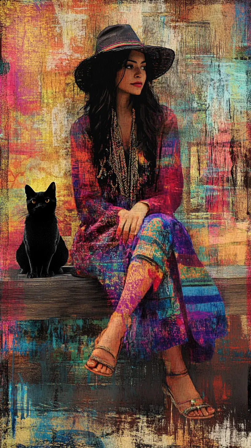 Boho girl on bench beside recycled cat sculpture
