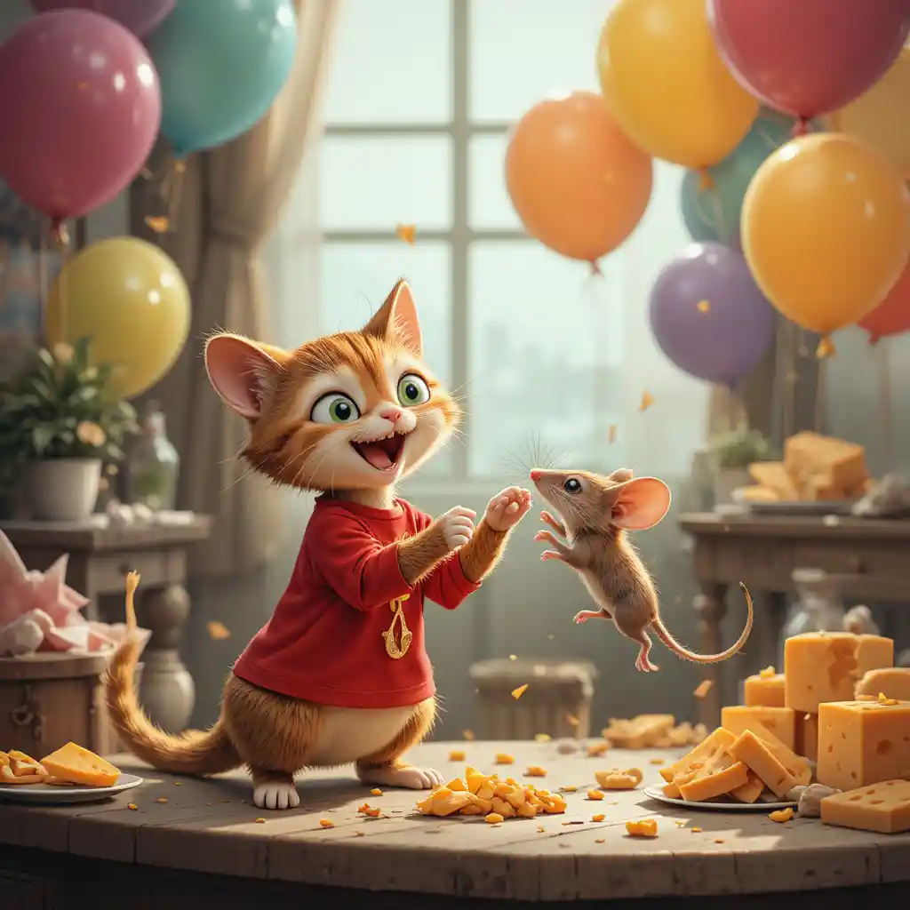 Red shirt cat smiling as he gently holds a mouse