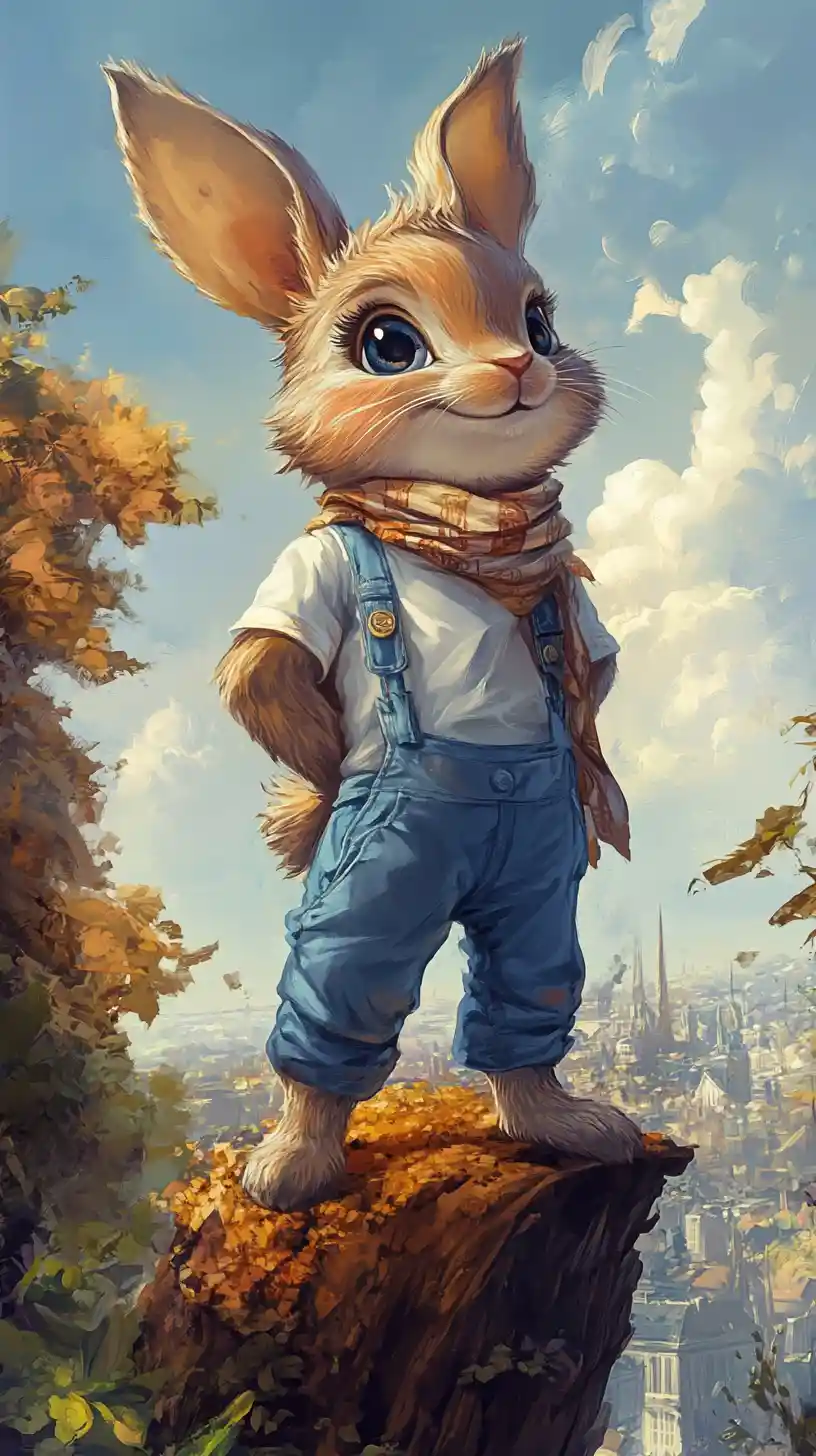 Smiling rabbit on mossy tree trunk with city backdrop