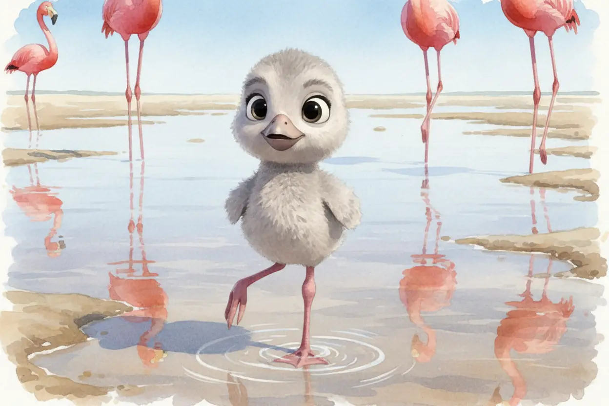 Baby flamingo chick standing in a tranquil coastal lagoon