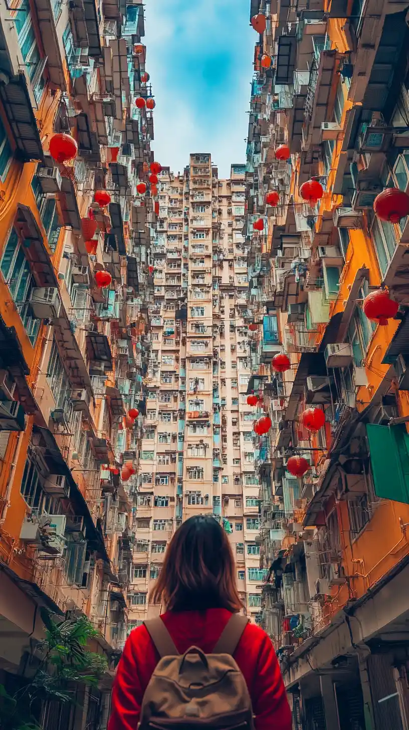 Young woman in colorful urban alley looking up