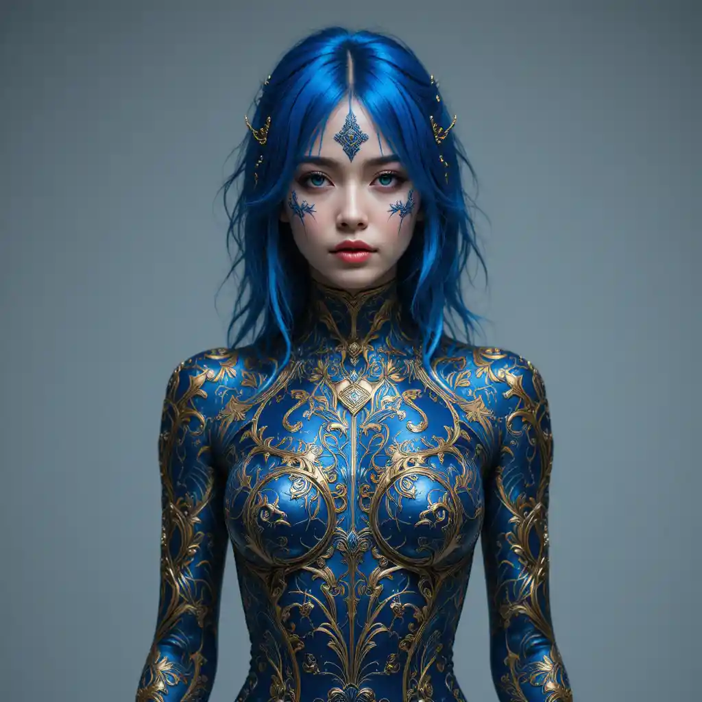 Cyberpunk woman with cobalt hair and ornate metallic filigree