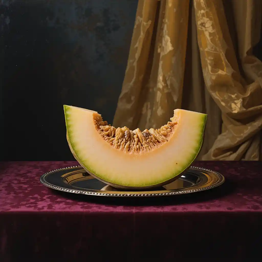 Rebanada de melón en plato de plata con lujosa cortina de terciopelo