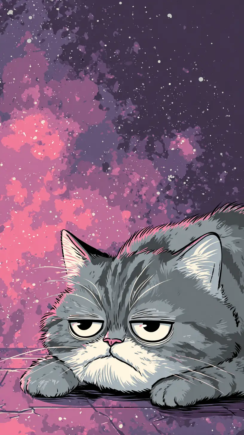 Grumpy cartoon tabby cat on cosmic neon galaxy floor