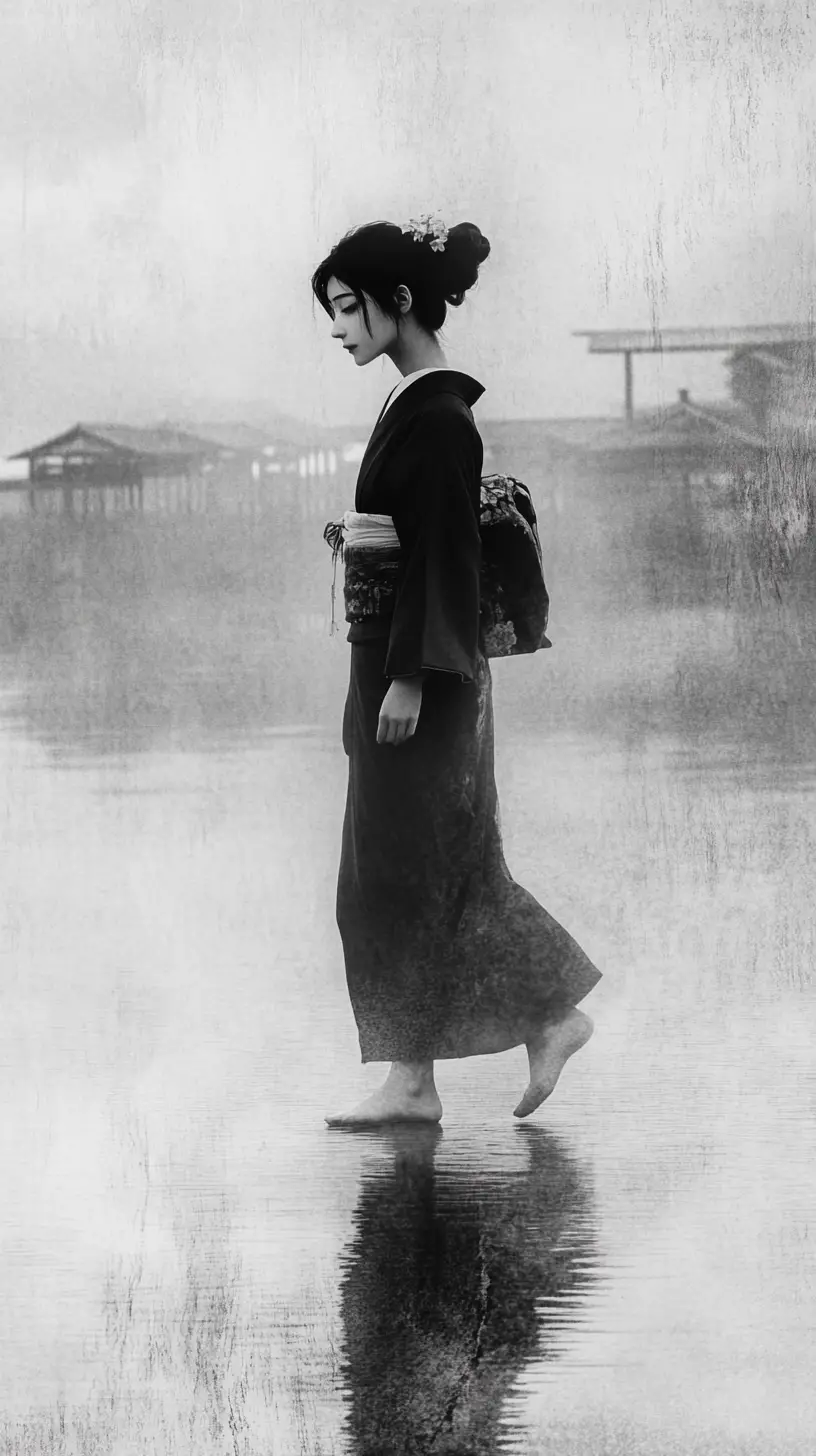Joven con kimono caminando descalza por un muelle de madera