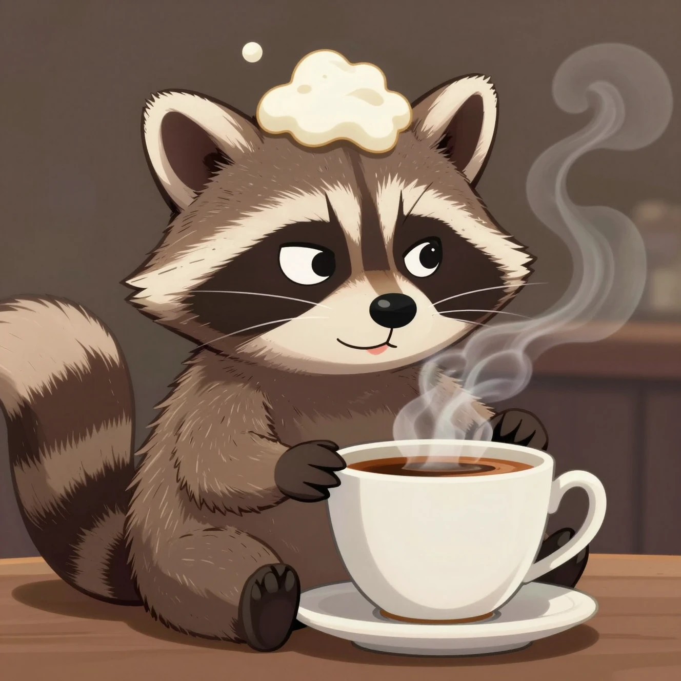 Mapache de caricatura relajándose en una taza de café humeante
