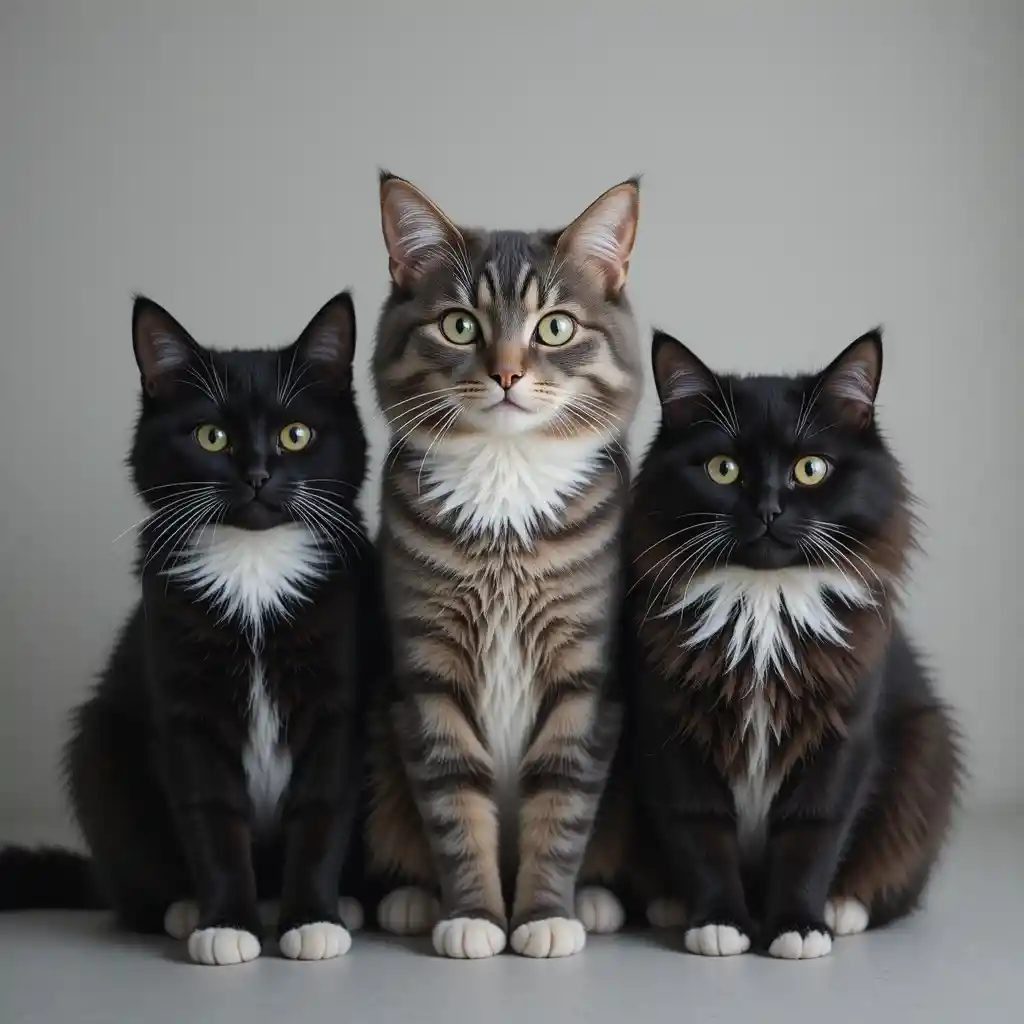 Three sitting cats in a simple side by side portrait