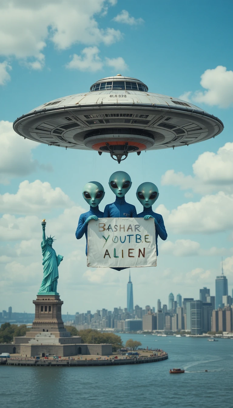 OVNI con alienígenas volando sobre el skyline del puerto de Nueva York