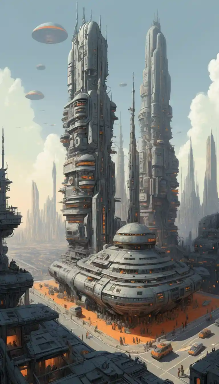 Retrofuturistic Dystopian City With Towering Metallic Structures