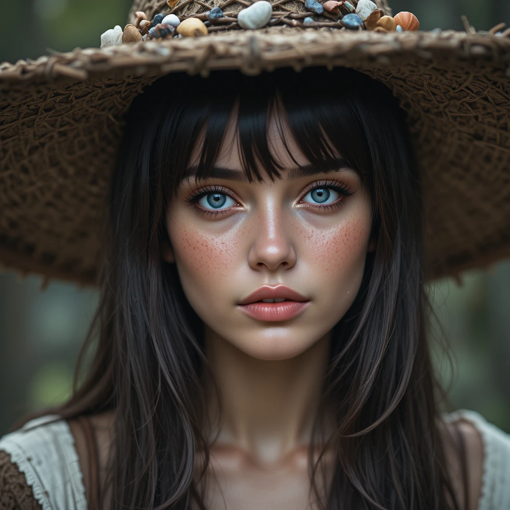 Mystical girl portrait in a rustic wide brimmed hat