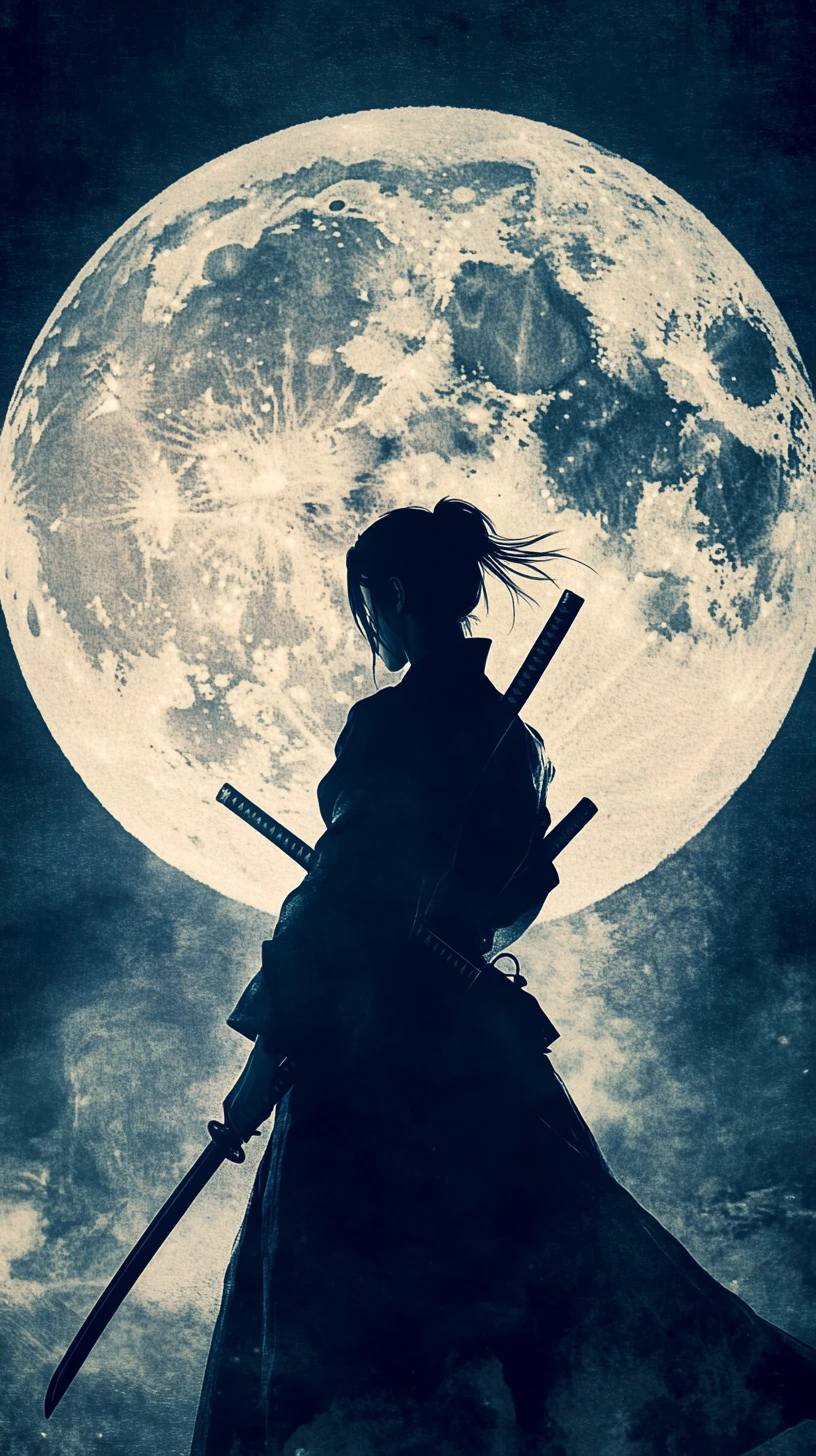 Samurai feminina em silhueta diante de uma lua cheia luminosa