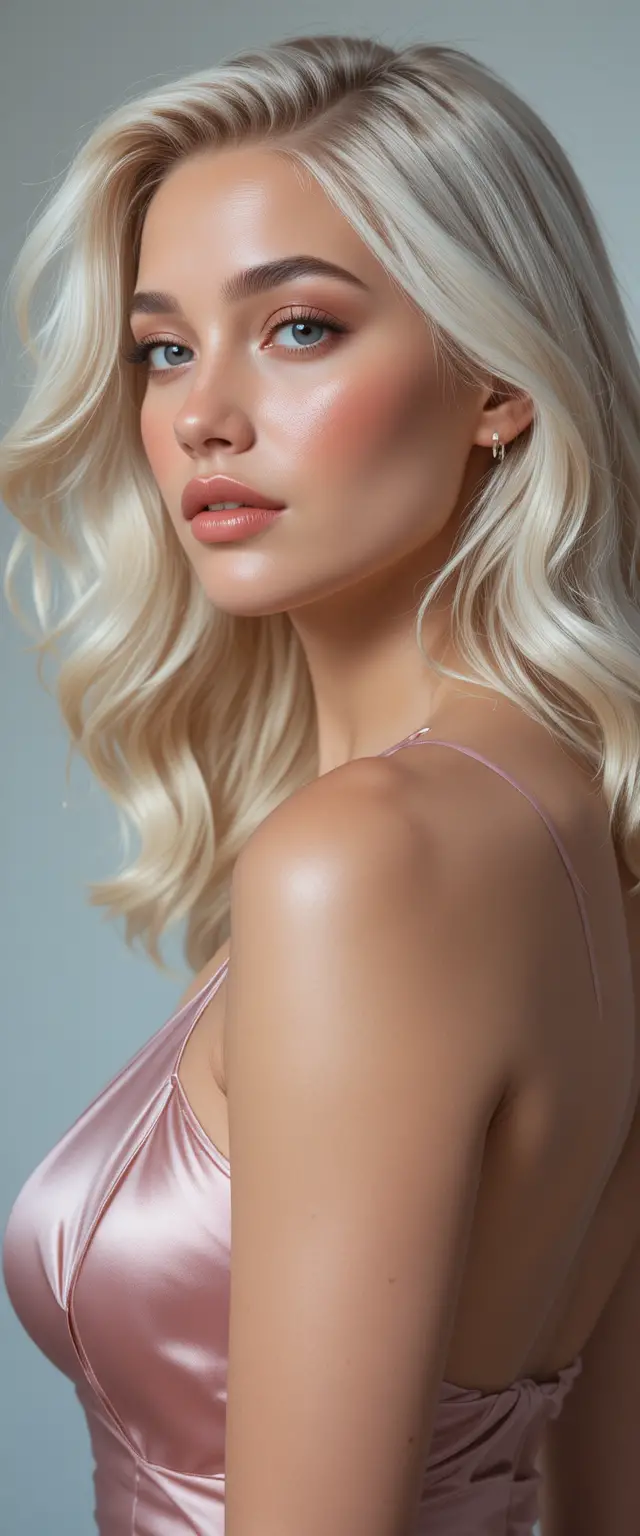 Blonde woman close up portrait in pink satin halter top