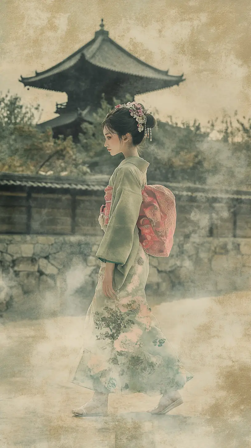 Young woman in kimono walking barefoot along wooden pier