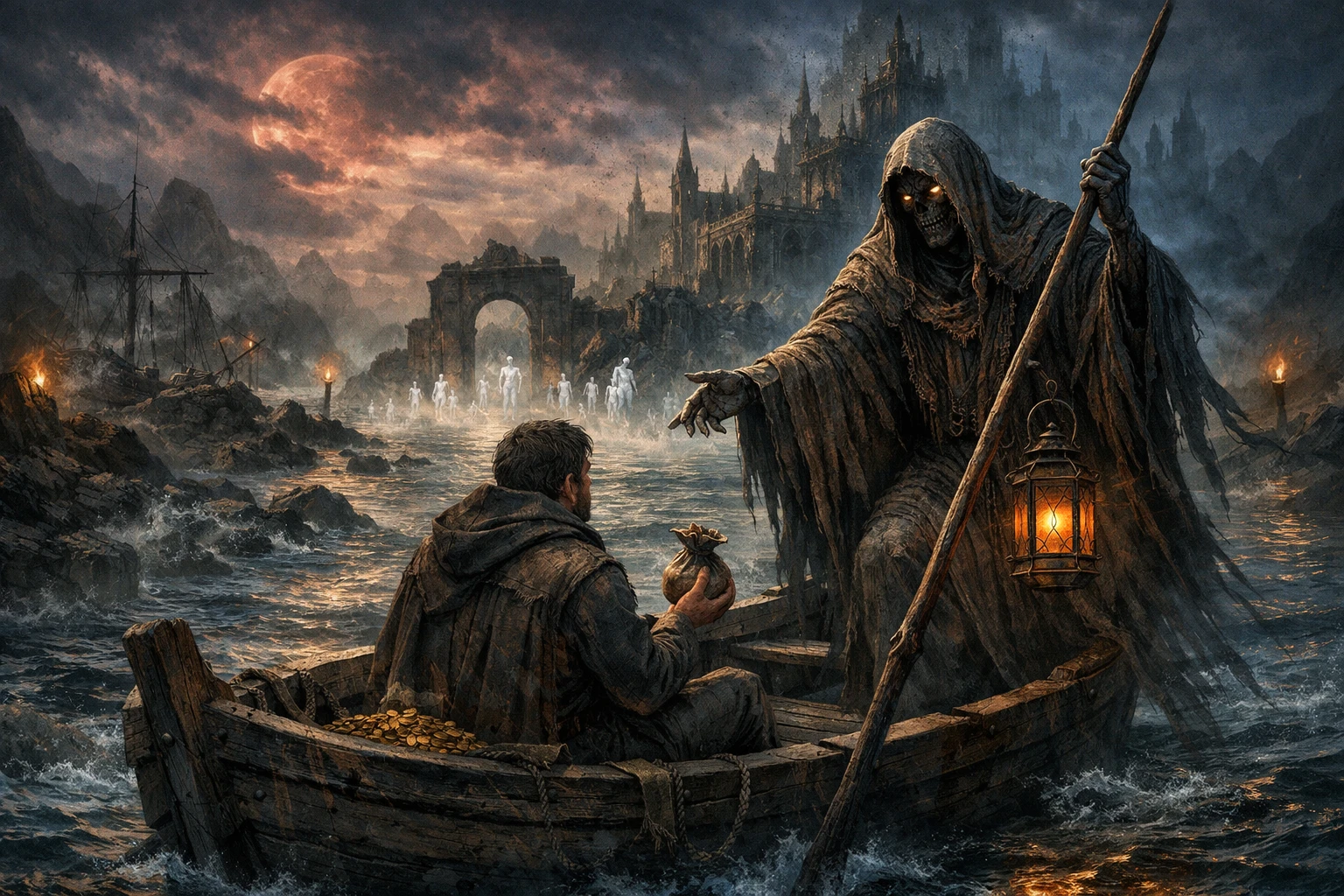 Dark fantasy ferryman guiding souls across a mystic river