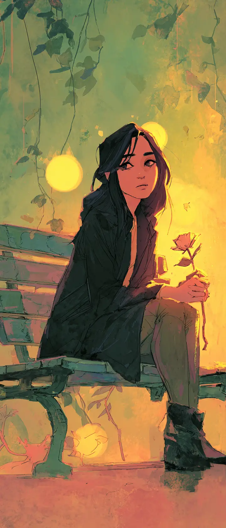 Young woman on park bench at eerie radioactive dawn