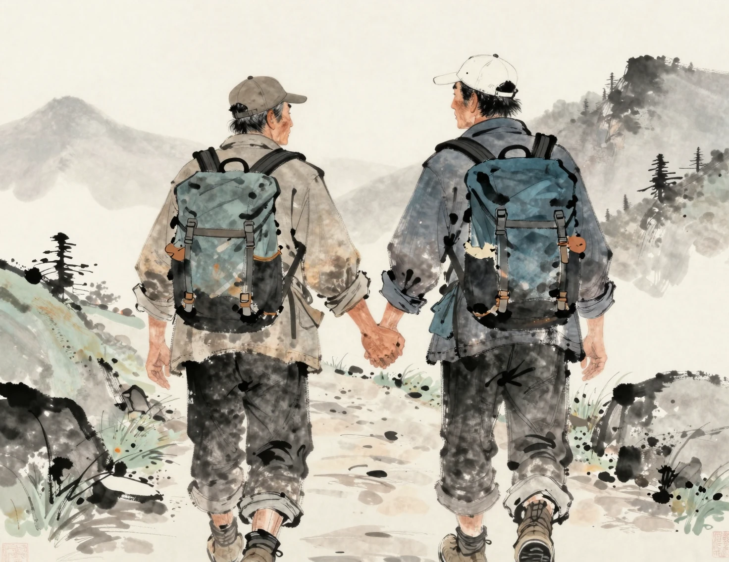 Dos hombres caminando de la mano por un sendero de montaña