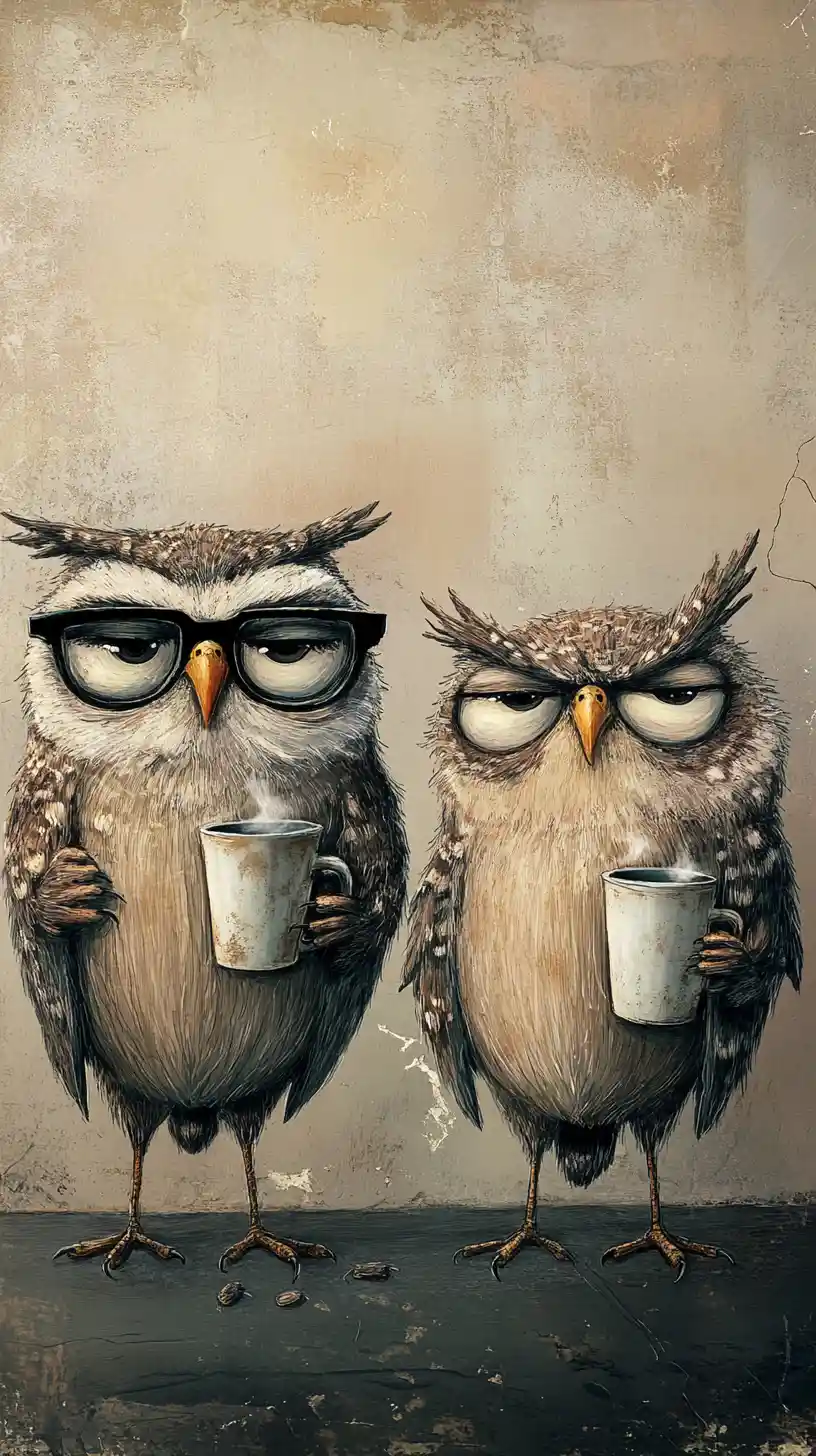 Two Sleepy Owls With Coffee And Crooked Glasses