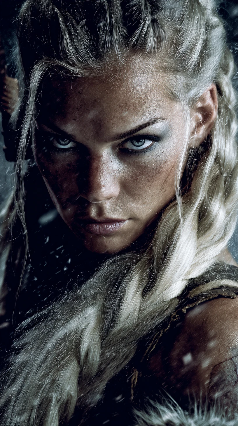Viking warrior woman facing viewer with raised shield